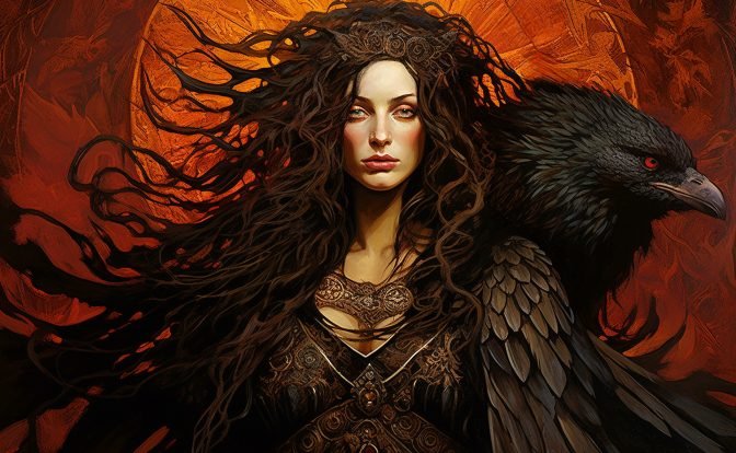 A digital art image of a woman with a crow on her shoulder. The woman has long, dark hair that is flowing in the wind. The crow is black with red eyes and is perched on the woman’s shoulder. The background is a fiery orange color with tree branches and leaves. The woman is wearing a detailed, ornate necklace and a dark dress. The image is inspired by the theme of mystery and magic.