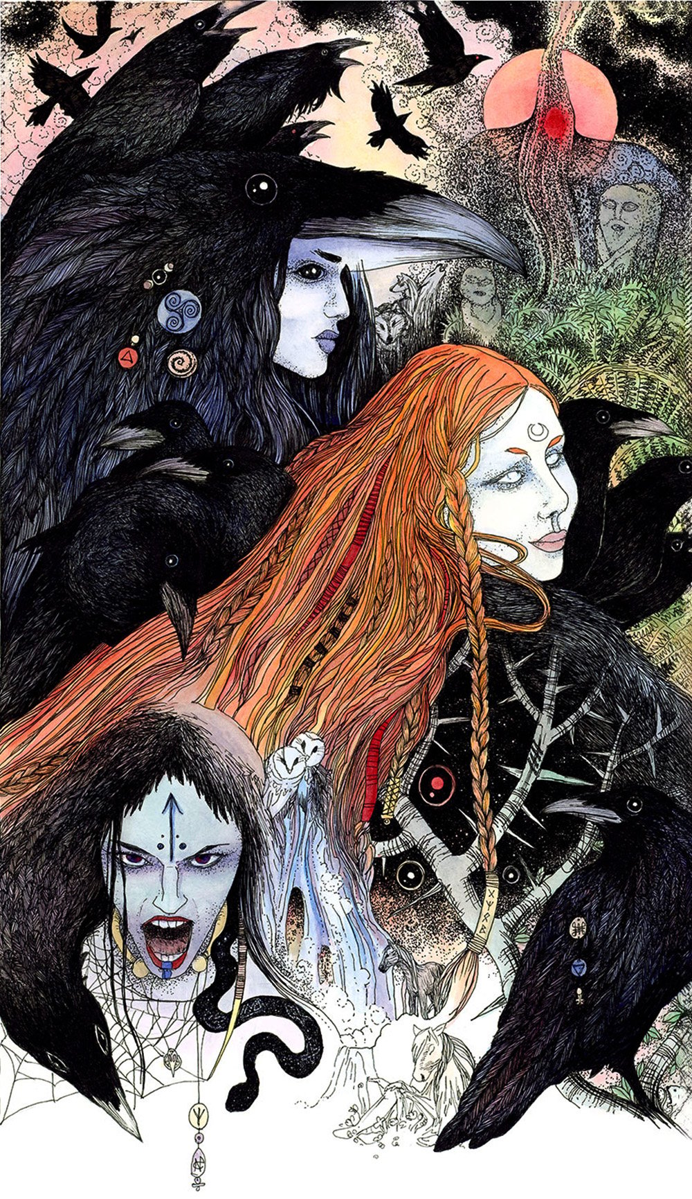 An illustration of three sisters that compose The Morrigan goddess. One is in the shape of a raven, one has long red hair and blank eyes, and one has cobwebs around her neck and a snake crawling down her shoulder.