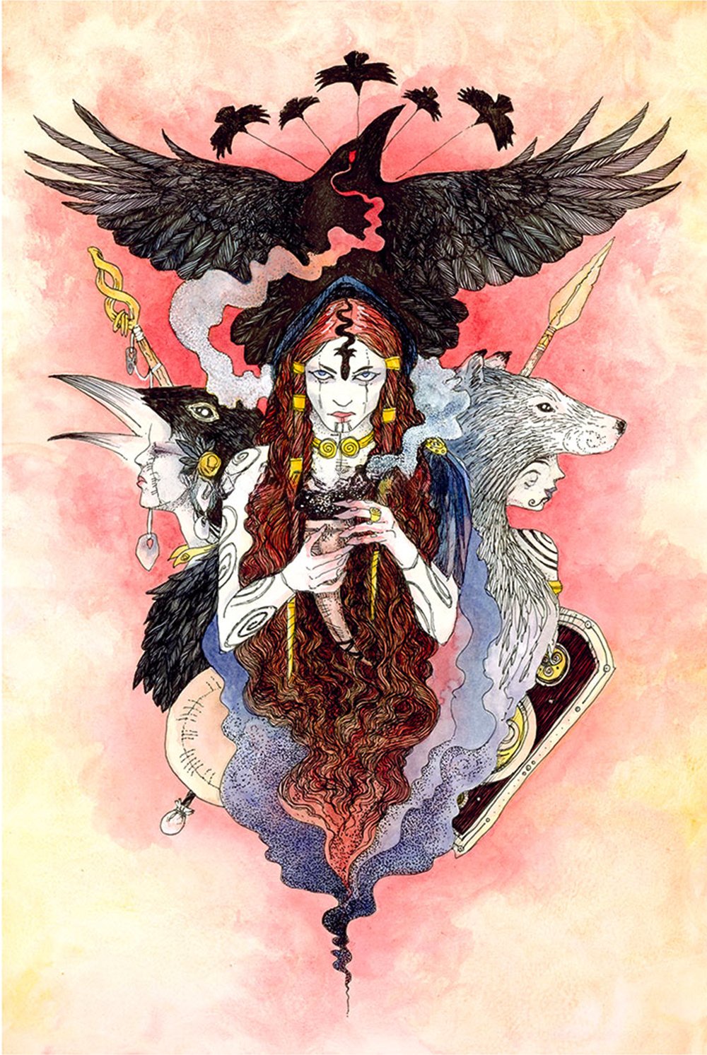 An illustration of a woman with long flowing red hair, surrounded by various animals and objects. The woman is holding a white horn in her hands. There is a black bird above her head, a crow on her right and a bear on her left. The background is pink. The overall mood of the image is mystical and surreal.