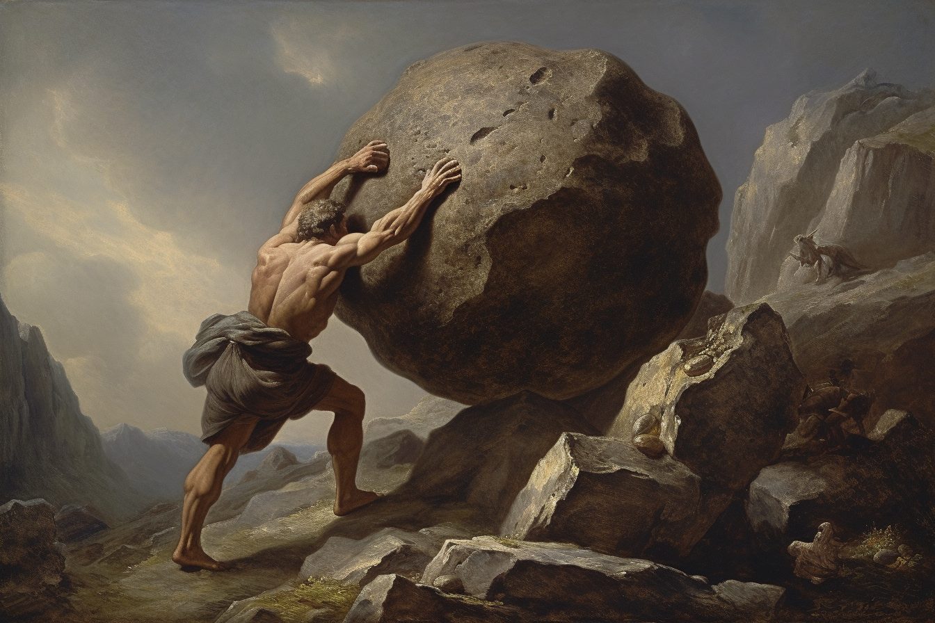 A mythical-style image of a man pushing a boulder up a mountain.