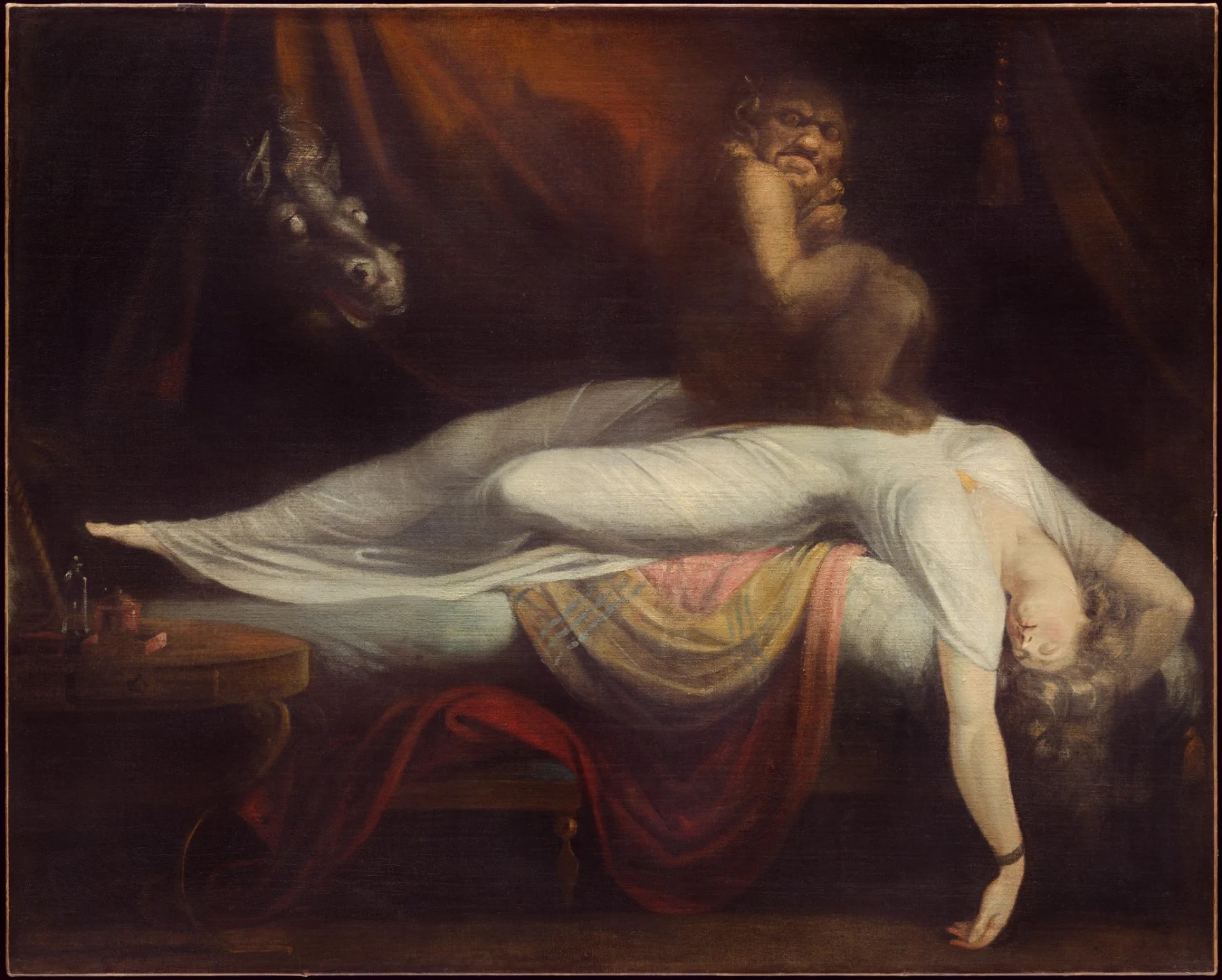 A painting of a sleeping woman with a gnome-like creature on top of her and horse lurking in the shadows.