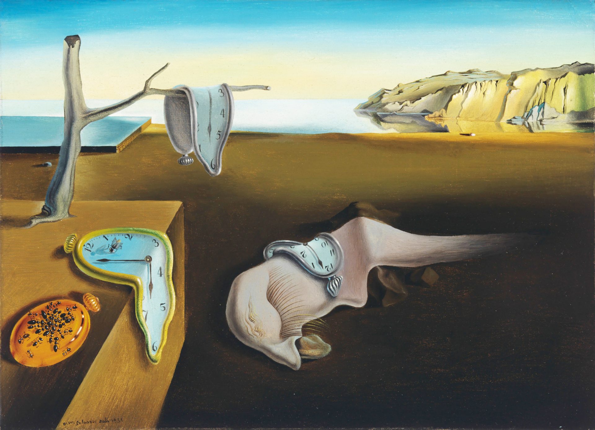 A surreal painting by Salvador Dali showing a dream-like landscape with melting objects that represent the distortion of time.