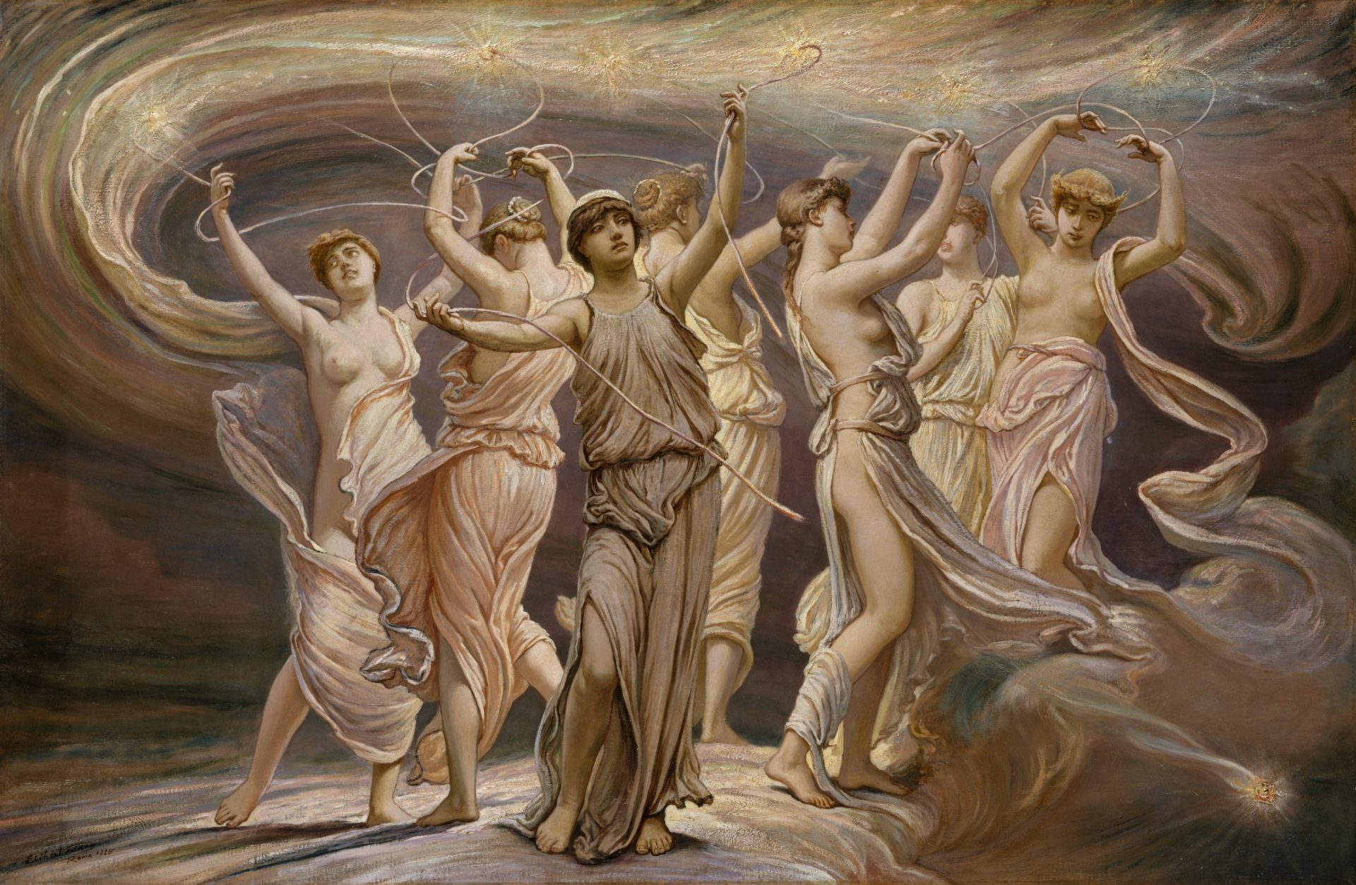 A painting of seven women in a celestial dance, the Pleiades sisters