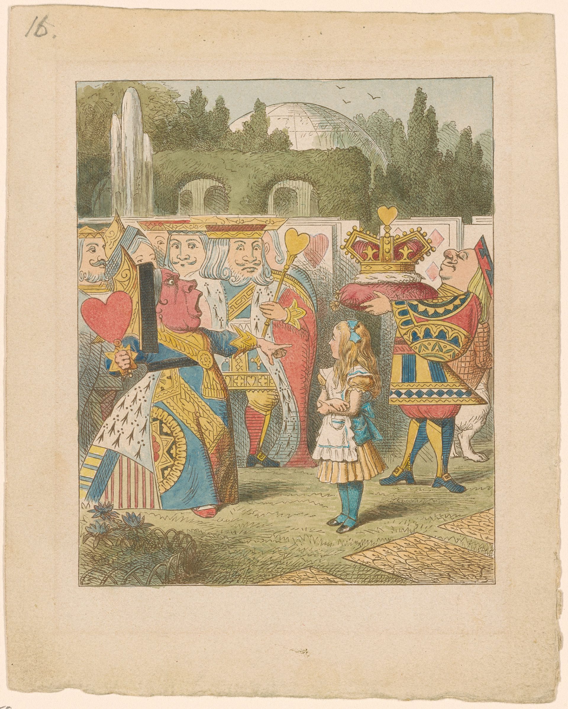 An illustration of a queen with a large red face, pointing and shouting at Alice.