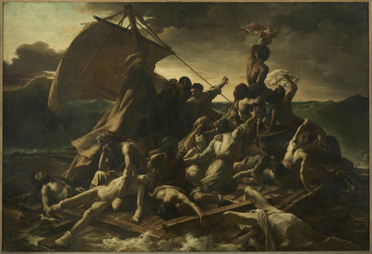 A romantic era painting depicting a shipwrecked crew on top of a raft.