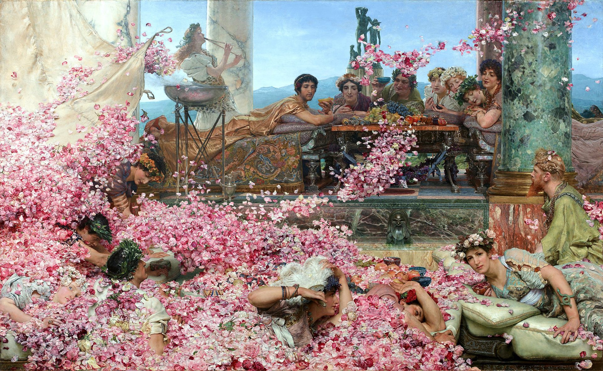A painting depicting the young Roman emperor Elagabalus hosting a banquet. It shows a group of Roman diners at a banquet, being swamped by drifts of pink rose petals falling from a false ceiling above.