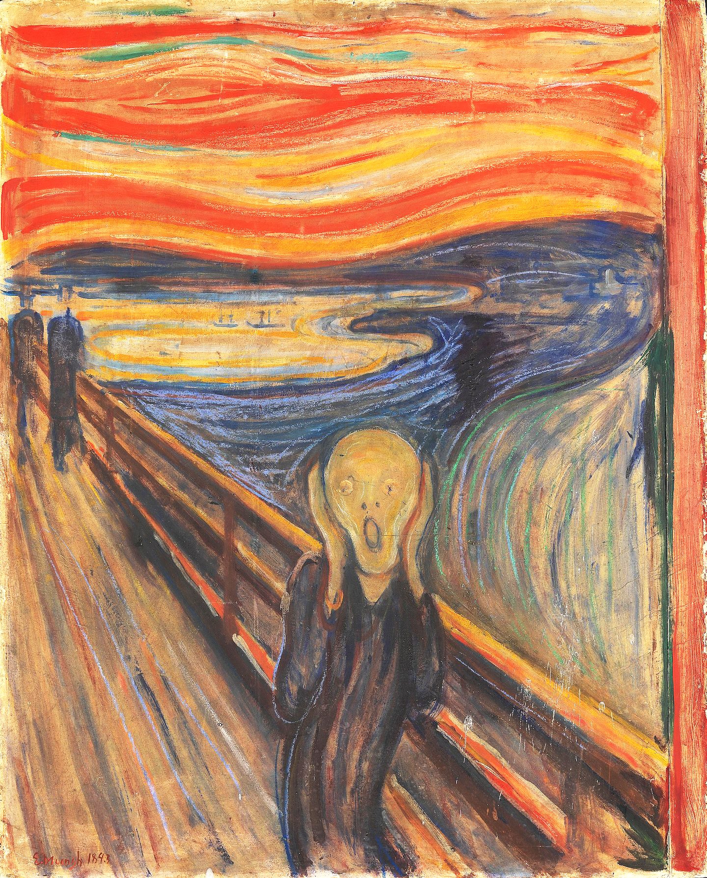 The Scream, a painting of an abstract person-like figure standing on a bridge, with their head in between their hands. The person's eyes and mouth are wide open. The person is wearing a long, dark coat. The background is a mix of blue, yellow and orange, with a stormy sky and a lake in the background.