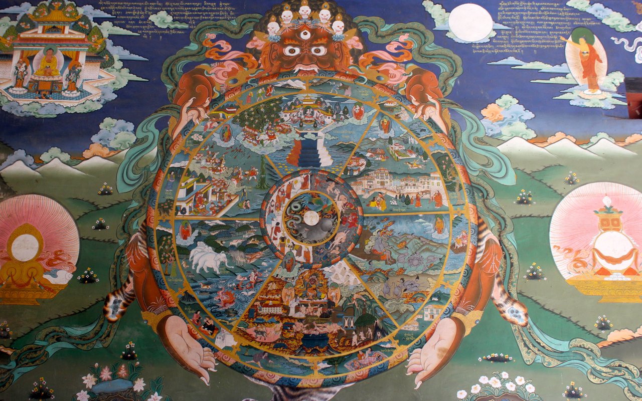 An illustration, Bhavachakra showing six realms of existence in which a being can reincarnate according to rebirth doctrine of Buddhism. Buddhist god Yama face is at the top of the outer rim. The outer rim shows the twelve nidanas doctrine. From Bhutan.