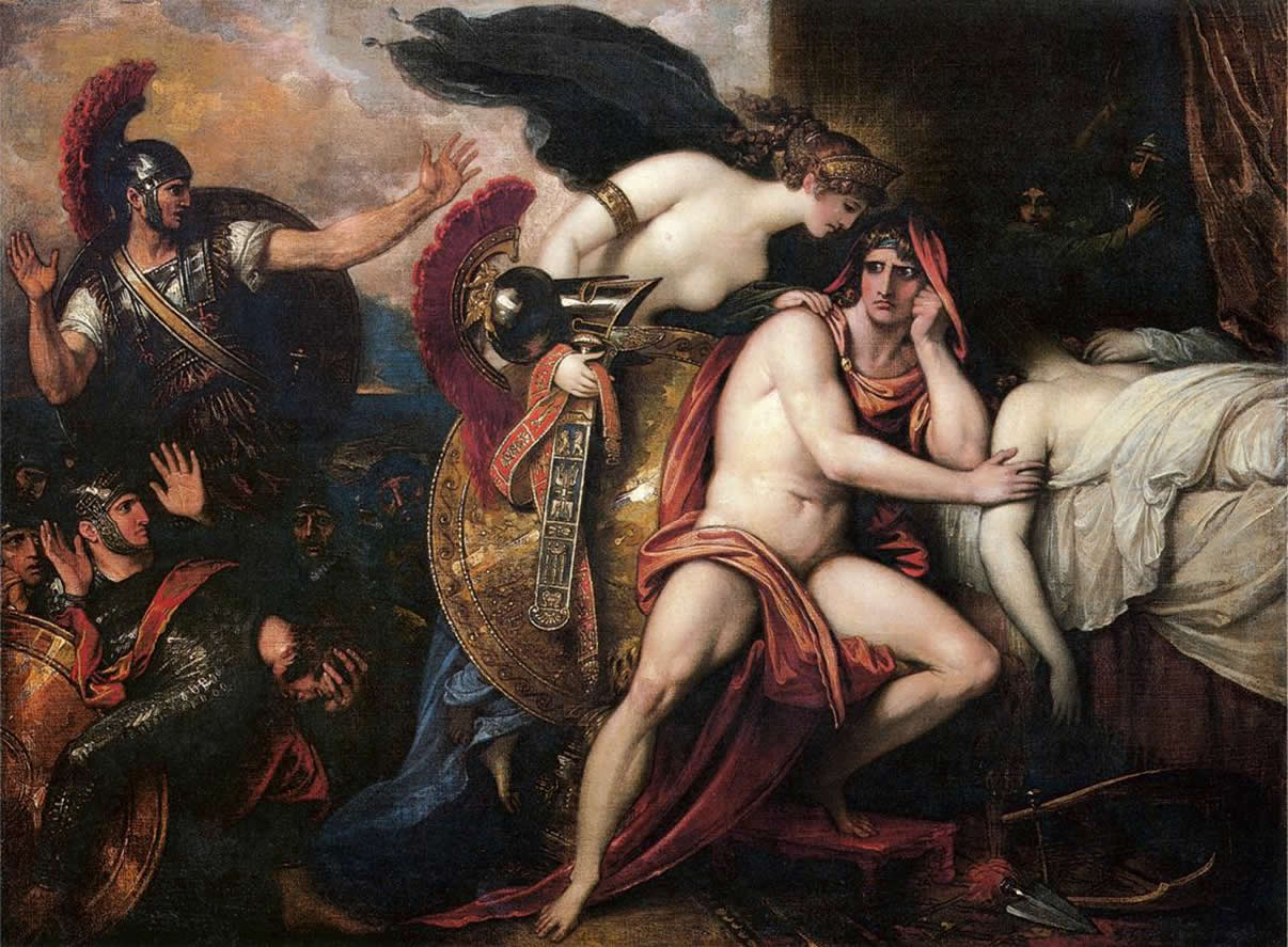 A painting of Thetis delivering armor to Achilles, who seems distraught.