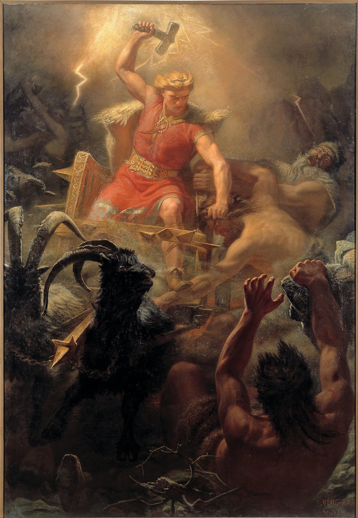 A painting of Thor swinging his hammer and fighting Giants. The hammer has lighting coming out of it.