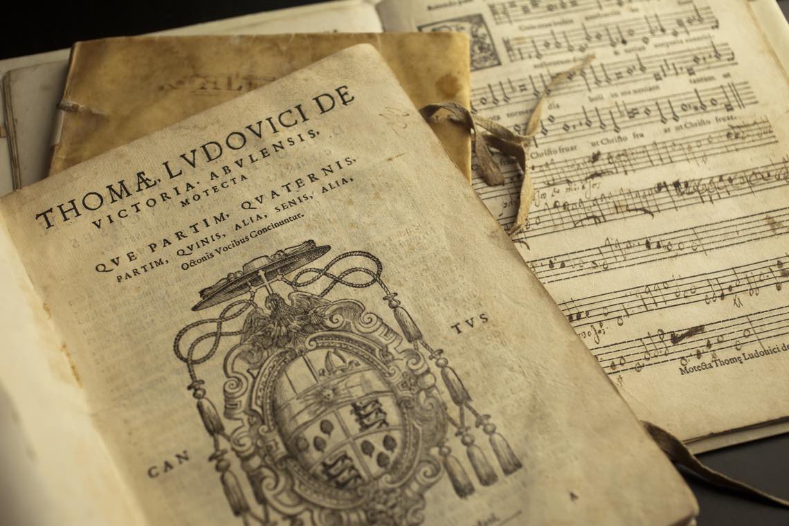 A photograph of a musical scores compilation book by Tomas Luis de Victoria.