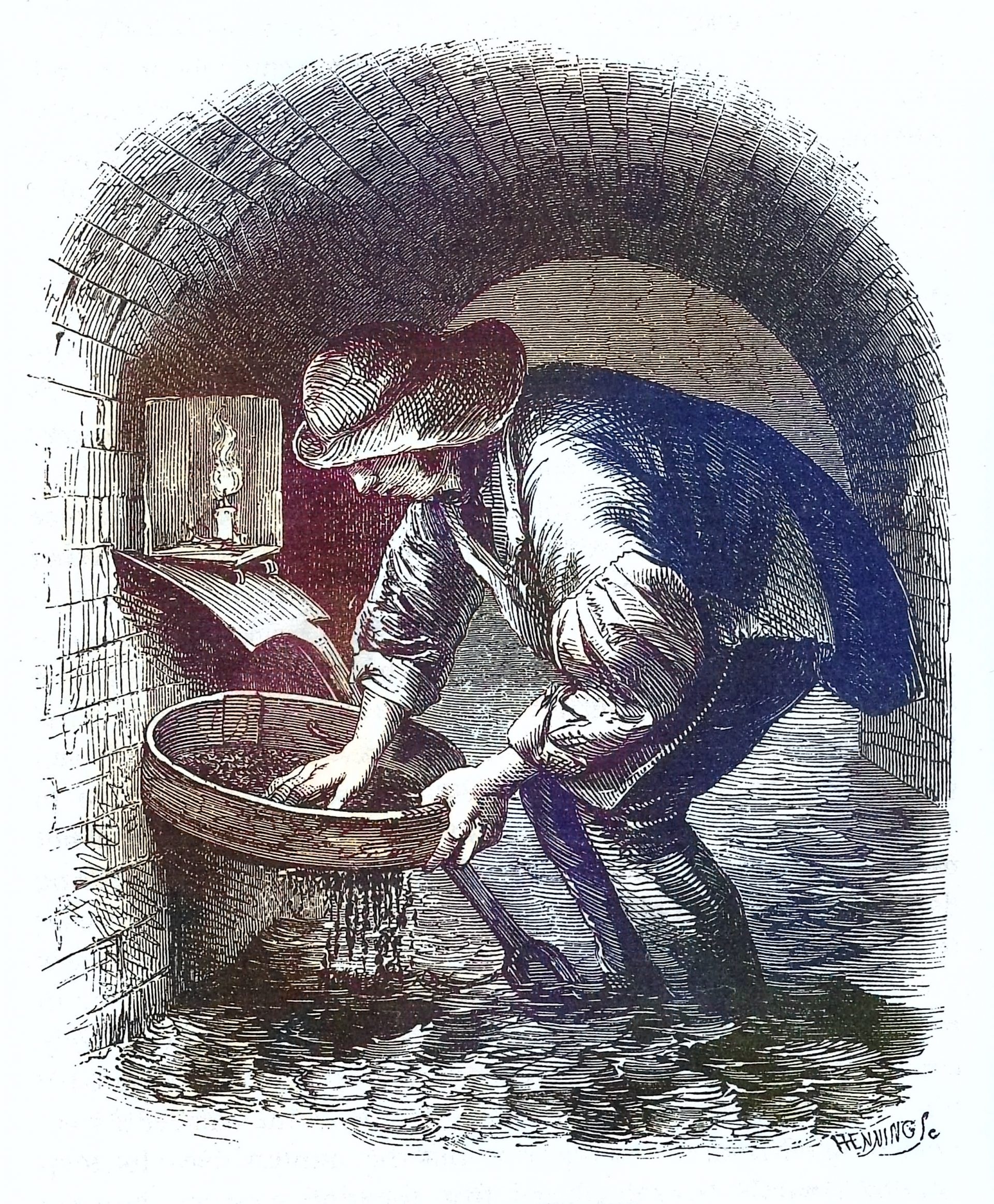 An engraving of a man in a hat and overalls, standing in a sewer tunnel. He is holding a sieve in one hand and searching through it with the other. The background is a dimly lit sewer tunnel.