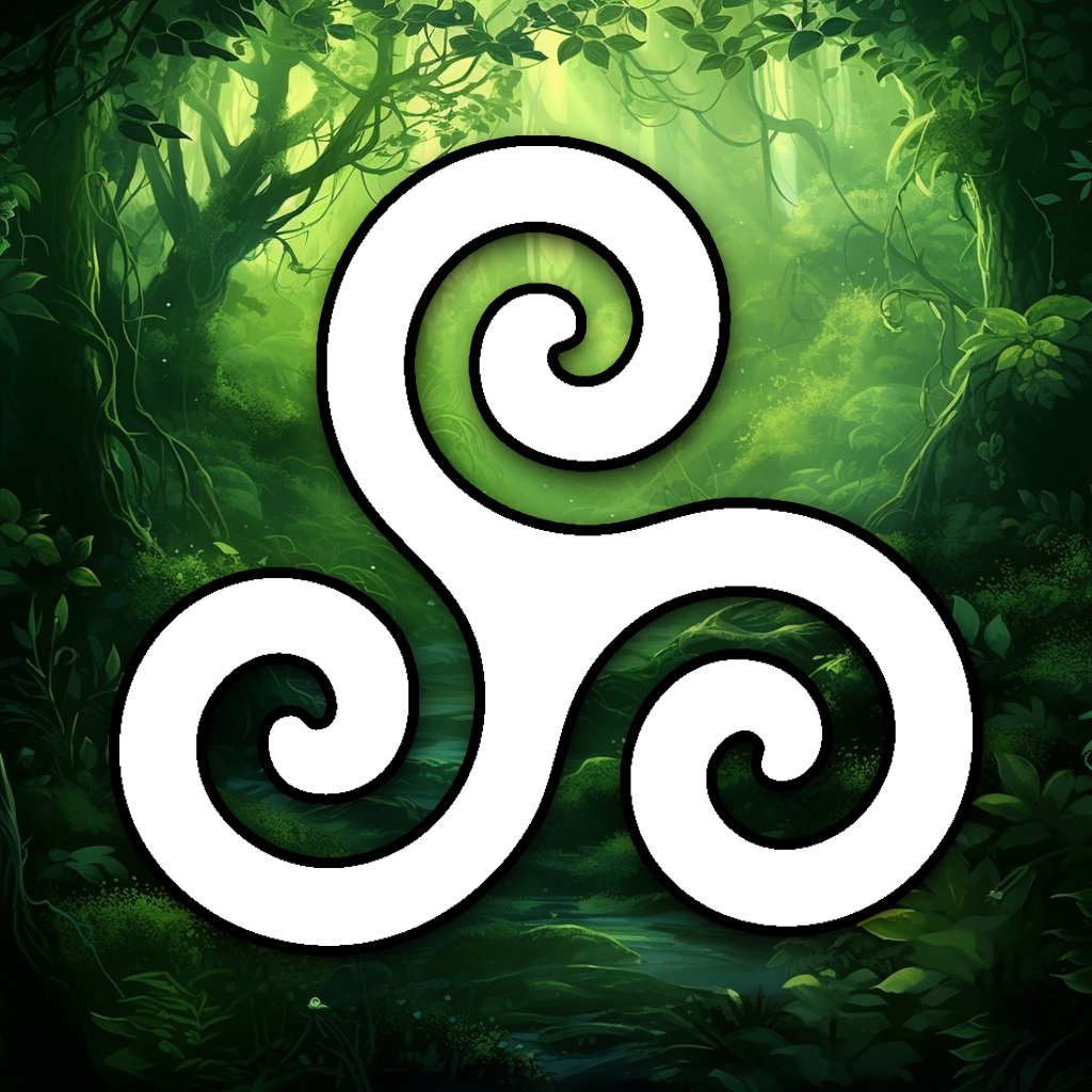 A white triskelion symbol on a green forest background. The triskelion is an ancient Celtic symbol of three interlocked spirals.