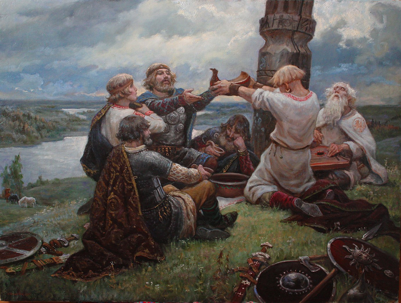 A painting of a group of medieval Slavic men having a funeral feast around a religious idol, on top of a hill overlooking a river.