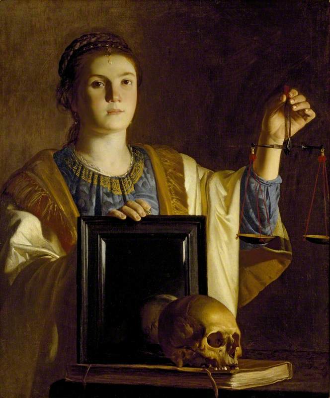 Painting of a woman holding a scale and a mirror turned to the viewer in front of a skull