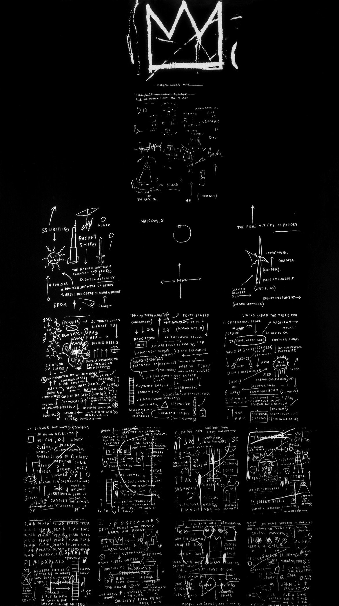 The mixed media artwork “Tuxedo” by Jean-Michel Basquiat, characterized by a central, luminous white crown signifying liberation against a dark, textured background. Various text/images paying tribute to hip-hop culture scattered throughout.