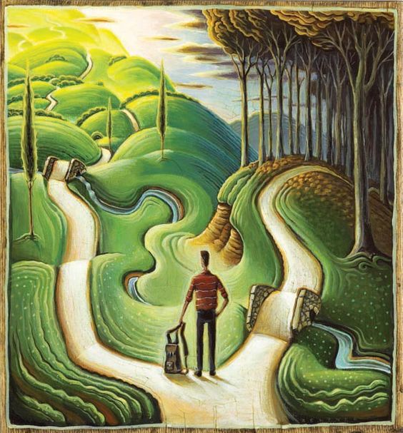 A painting of a surreal landscape with a man standing on a path. The man is faced with a choice in front of a fork in the path. The painting is green and yellow, with hills, trees and a sky. The man is wearing a red shirt and has a suitcase.