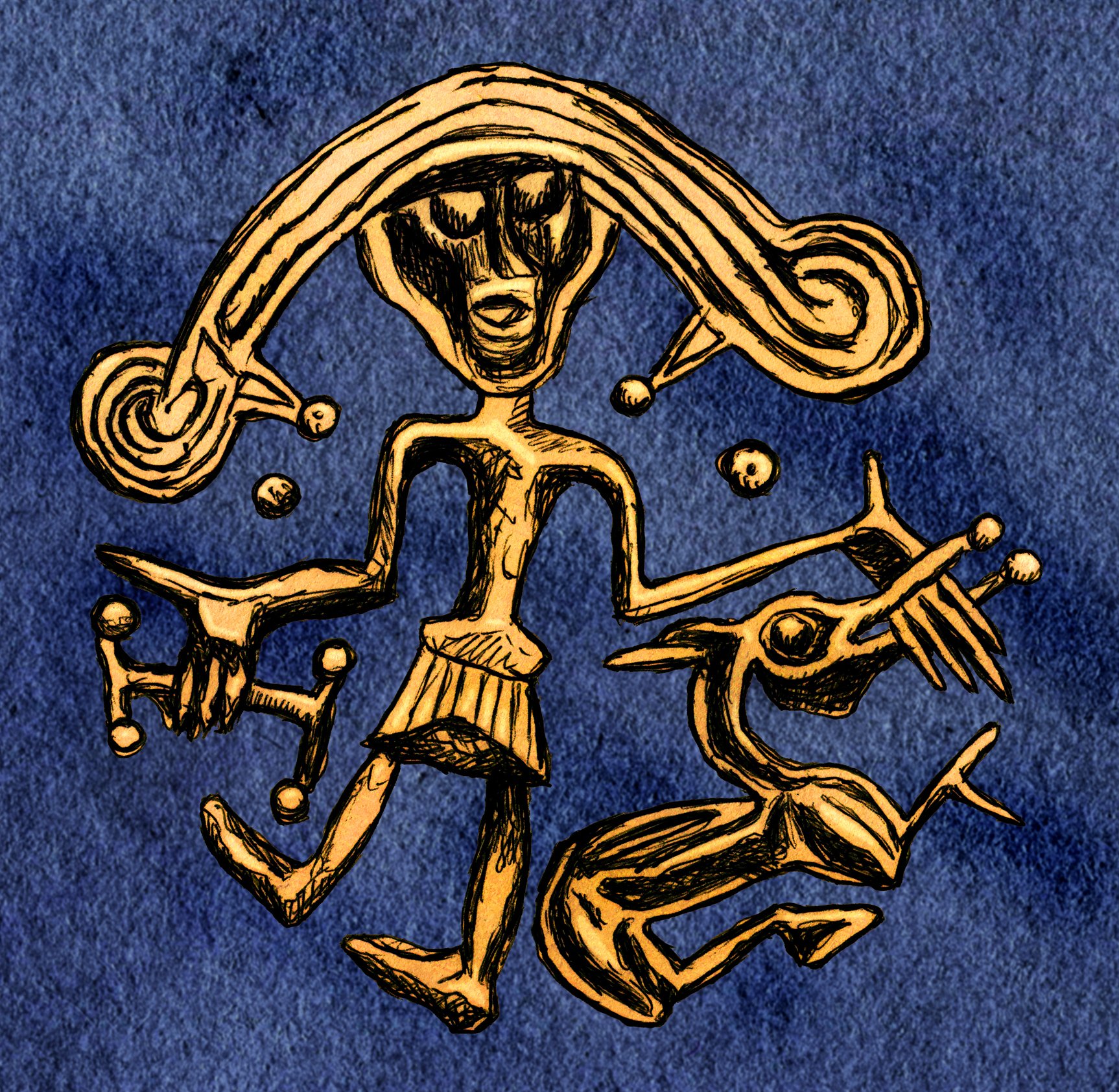 An illustration of a figure with long hair and a wolf on a blue background. The figure is Tyr and the wolf is Fenrir, characters from Norse mythology. The figure is drawn in a gold color. The wolf is also drawn in a gold color and has the figure's hand in its mouth. The background is a textured blue color.