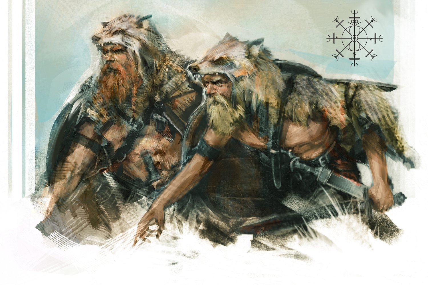 A digital illustration of two Viking warriors with wolf skins and fur. The two men are wearing armor and carrying weapons, and appear to be sneaking up on some one. The background is a snowy landscape with a blue sky and a compass-like symbol in the top right corner. The illustration has a painterly style with loose brushstrokes and a muted color palette.