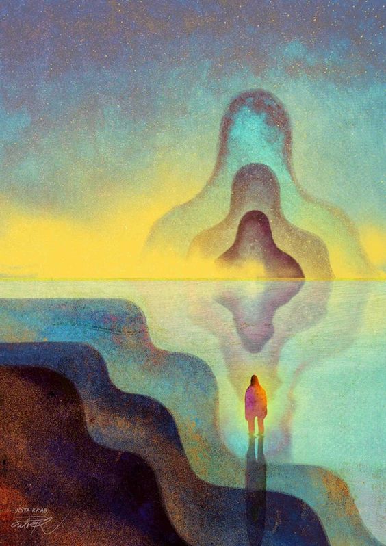 A painting of a person standing on a cliff, looking at a reflection of themselves in the water. The reflection is not an exact copy, but a distorted version that resembles a rock formation. The painting has a surreal and mysterious mood, with a dark blue and orange color scheme.