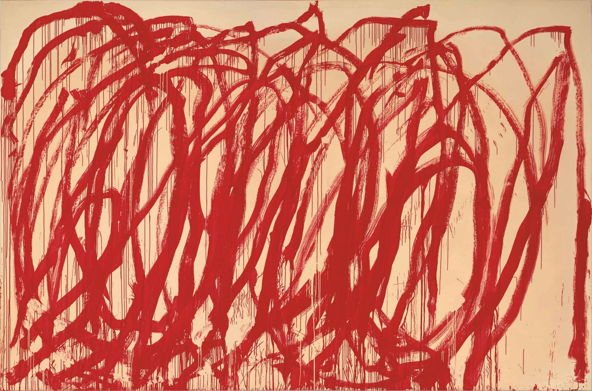 A visually intense large-scale painting by Cy Twombly dubbed 'Untitled, 2005', depicting a swirling, spiraling web of rich vermilion red strokes over a warm beige backdrop, producing an almost primal, passionately volatile energy that mirrors the rise and fall of blood or wine, capturing the spirit of Bacchus, the Greek god of indulgence and intoxication.