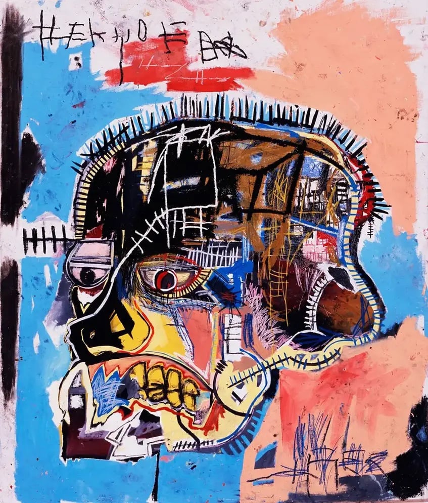 This is an image of Jean-Michel Basquiat's painting, “Untitled (Skull)”, from 1981. The picture vividly presents a distorted skull-like face. Patches of black skin intermingle with vivid yellow jawbone and vibrant orange teeth. Eyes, ears, and hair are hinted at amidst what appears to be graffiti-like markings. Areas appearing skinless suggest a sense of incomplete visage. The painting balances morbidity with lively splashes of color, illustrating a striking dichotomy.