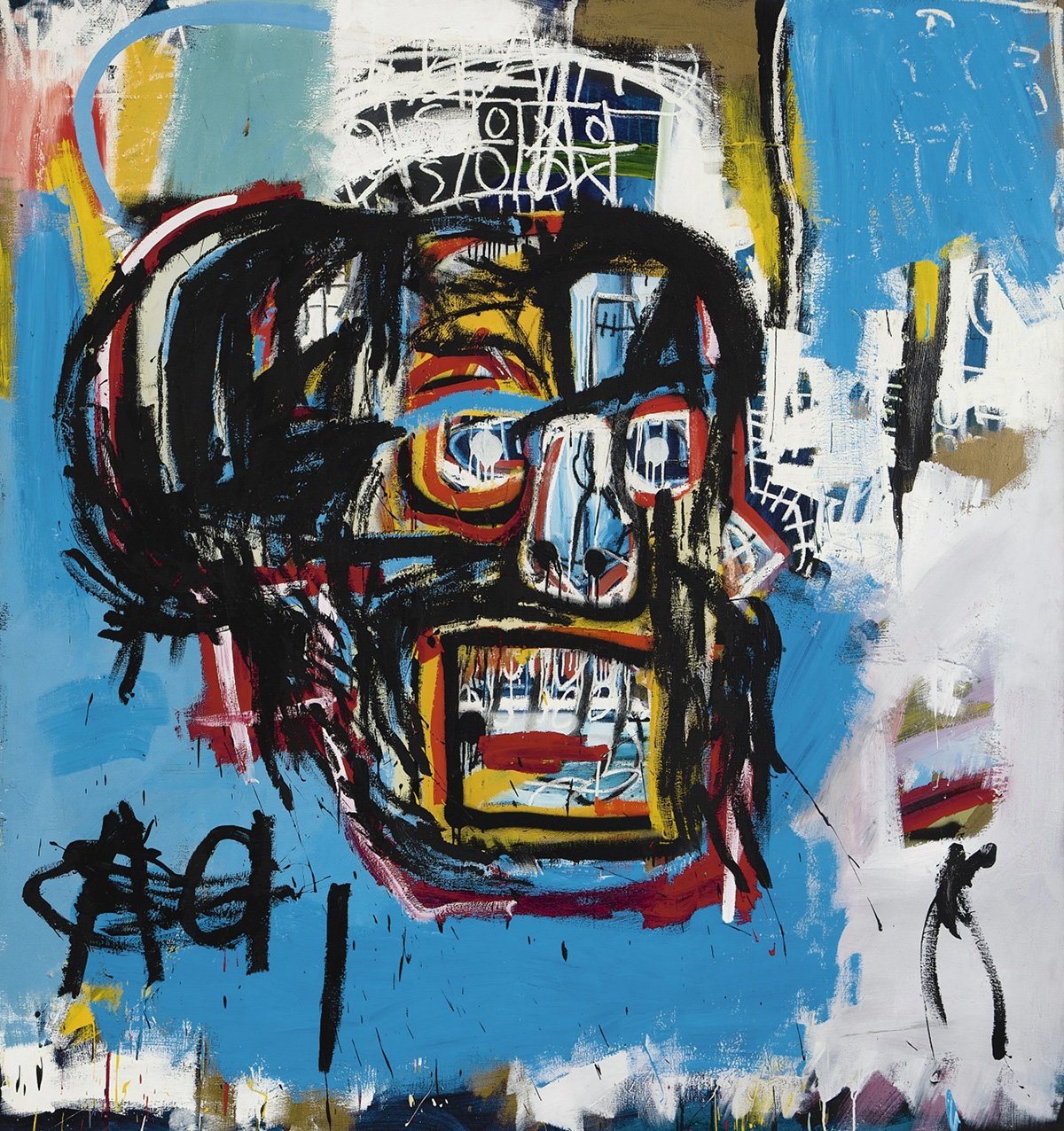The painting features a dominant central skull shape in vibrant and bold colors. It encapsulates the raw emotion and powerful symbolism synonymous with Basquiat's revolutionary style.