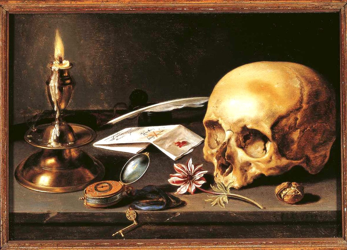A painting portraying Vanitas objects: a burning candle, a skull, a pocket watch, a flower, a cracked walnut and a letter