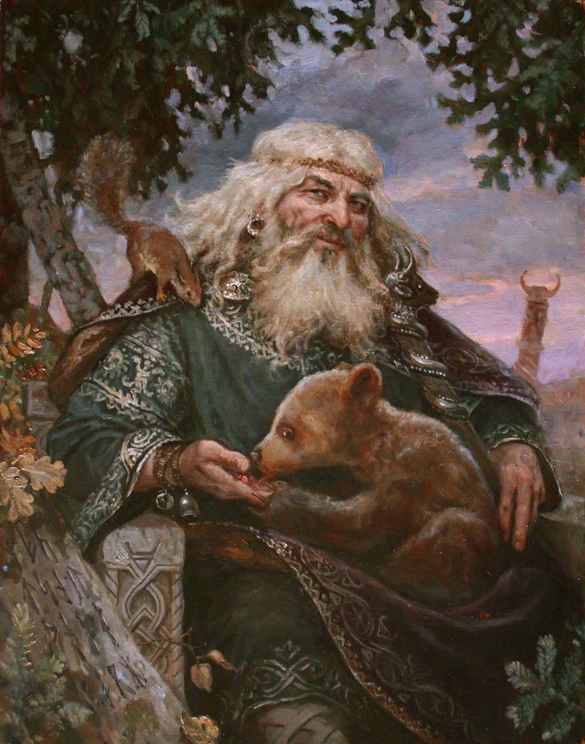 A painting of the Slavic god Veles. He is depicted as a elderly man with long gray hair, dressed in green Slavic garb. He is hand feeding a bear cub.