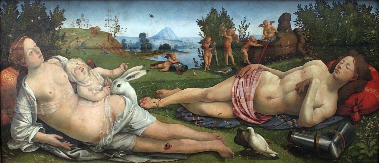 Two people representing Venus and Mars with Cupid nestling beside Venus' breast near a long-eared rabbit, a symbol of sexual excess.