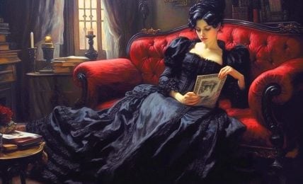 A beautiful Victorian-era young woman with black hair, wearing a black dress. She is sitting on a red couch and holding a paper. The room is full of books.