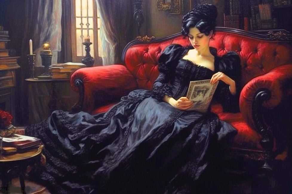 A beautiful Victorian-era young woman with black hair, wearing a black dress. She is sitting on a red couch and holding a paper. The room is full of books.
