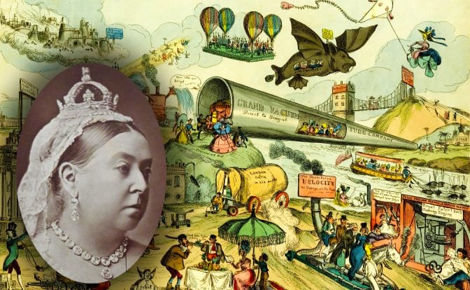 A collage of a photograph of Queen Victoria facing three-quarters to the right, adorned with a coronet, coronation earrings, and necklace on top of “March of Intellect” illustration that celebrates the progress and innovation of humanity. The illustration is full of colorful and fantastical elements, such people flying using wings, and a giant grand vacuum tube transporting people.