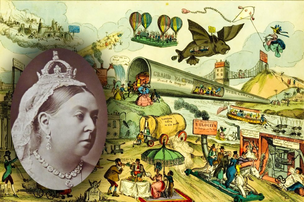 A collage of a photograph of Queen Victoria facing three-quarters to the right, adorned with a coronet, coronation earrings, and necklace on top of “March of Intellect” illustration that celebrates the progress and innovation of humanity. The illustration is full of colorful and fantastical elements, such people flying using wings, and a giant grand vacuum tube transporting people.