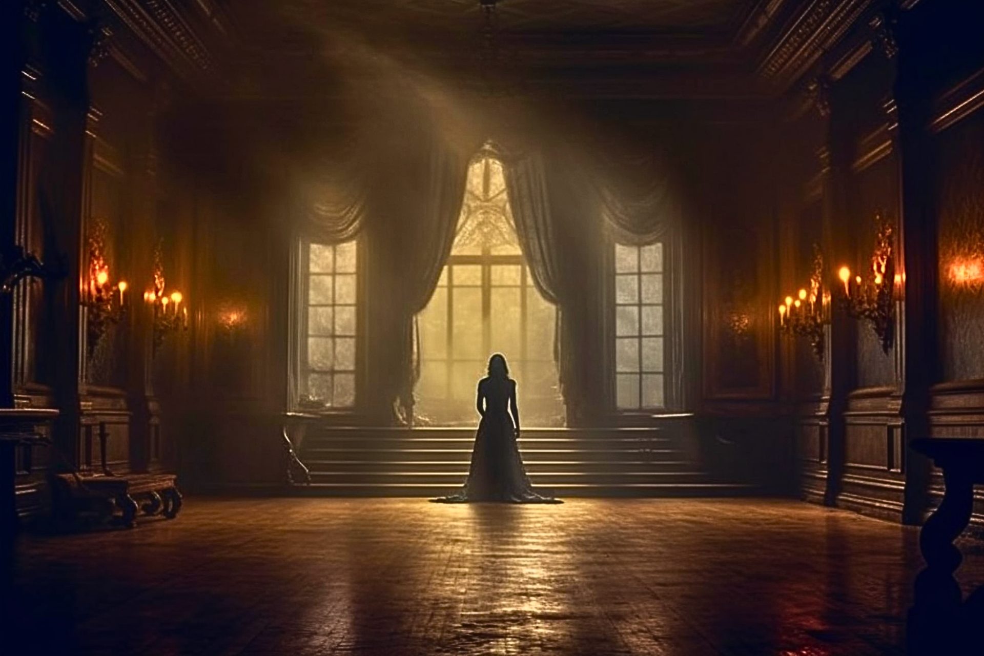 A woman in a dark hall, facing a window.