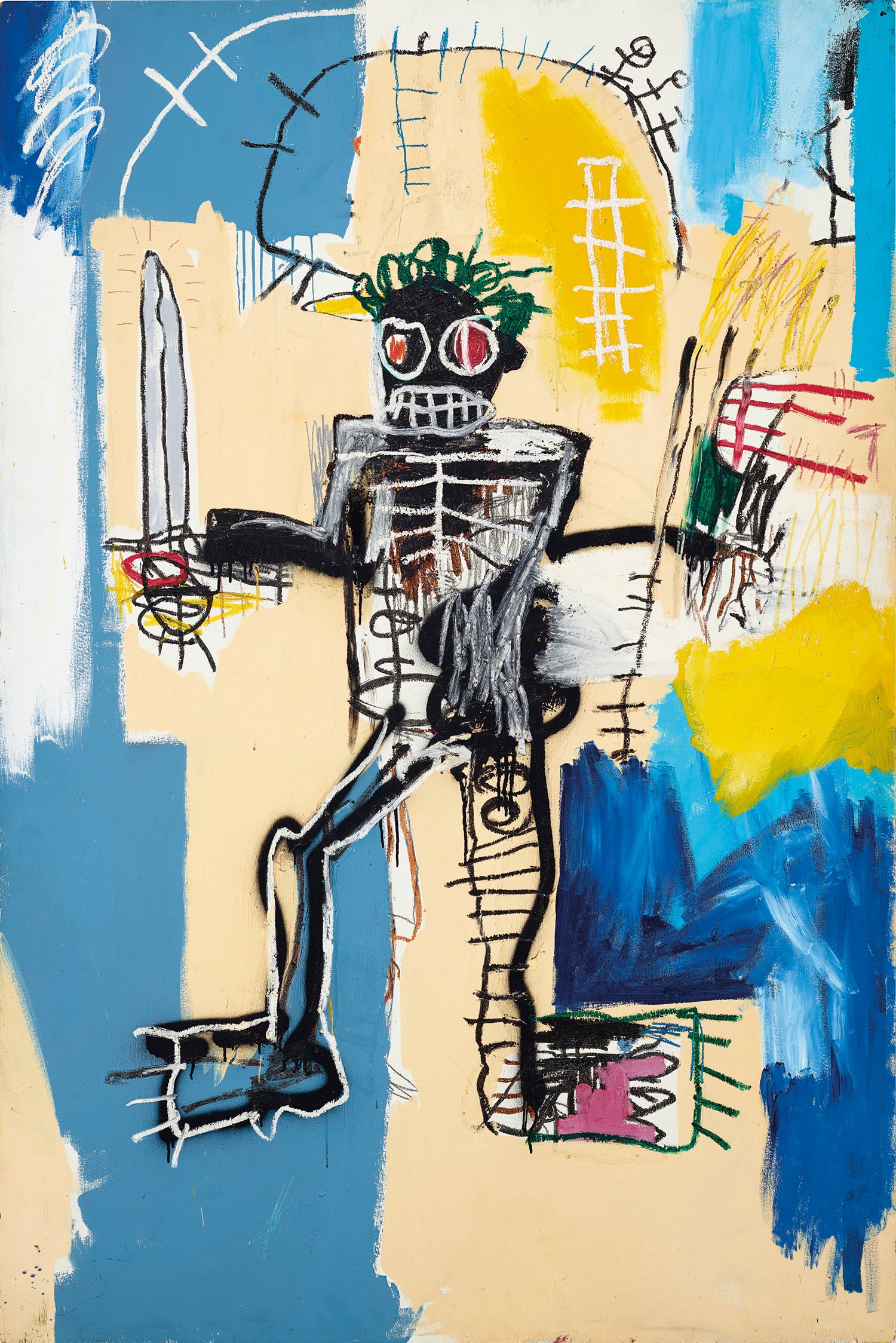 A vibrant, mixed-media painting by Jean-Michel Basquiat named “Warrior”. The painting features a bold, abstract figure of a gladiator, outlined in spray paint and filled in with textured layers of acrylic. The figure is set against a vivid, abstract background with spontaneous patches of blue and yellow. The gladiator, brandishing a sword, embodies an intense, raw energy that infuses the entire painting.