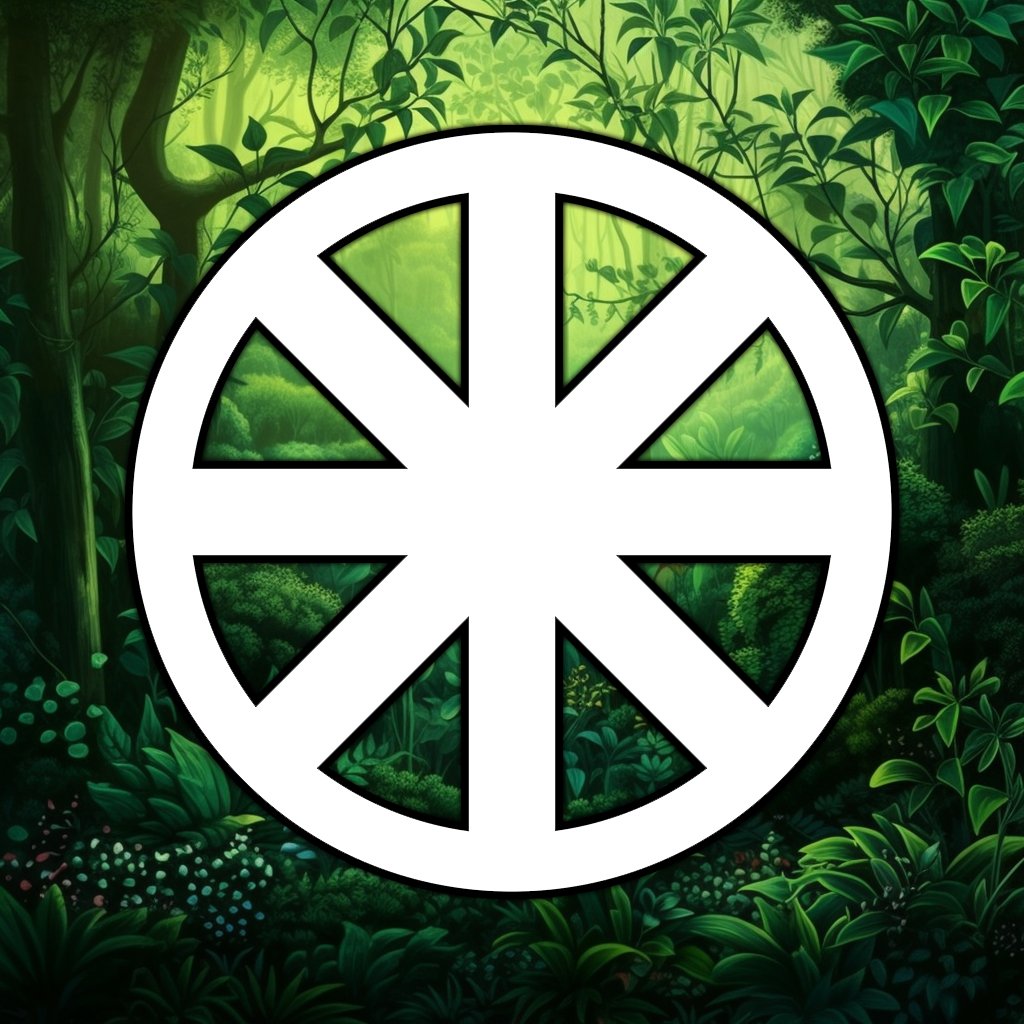 A black and white symbol of a wheel with eight spokes and a circle around it, representing the Celtic god of thunder and lightning, Taranis. The Wheel of Taranis is positioned on a green forest background.