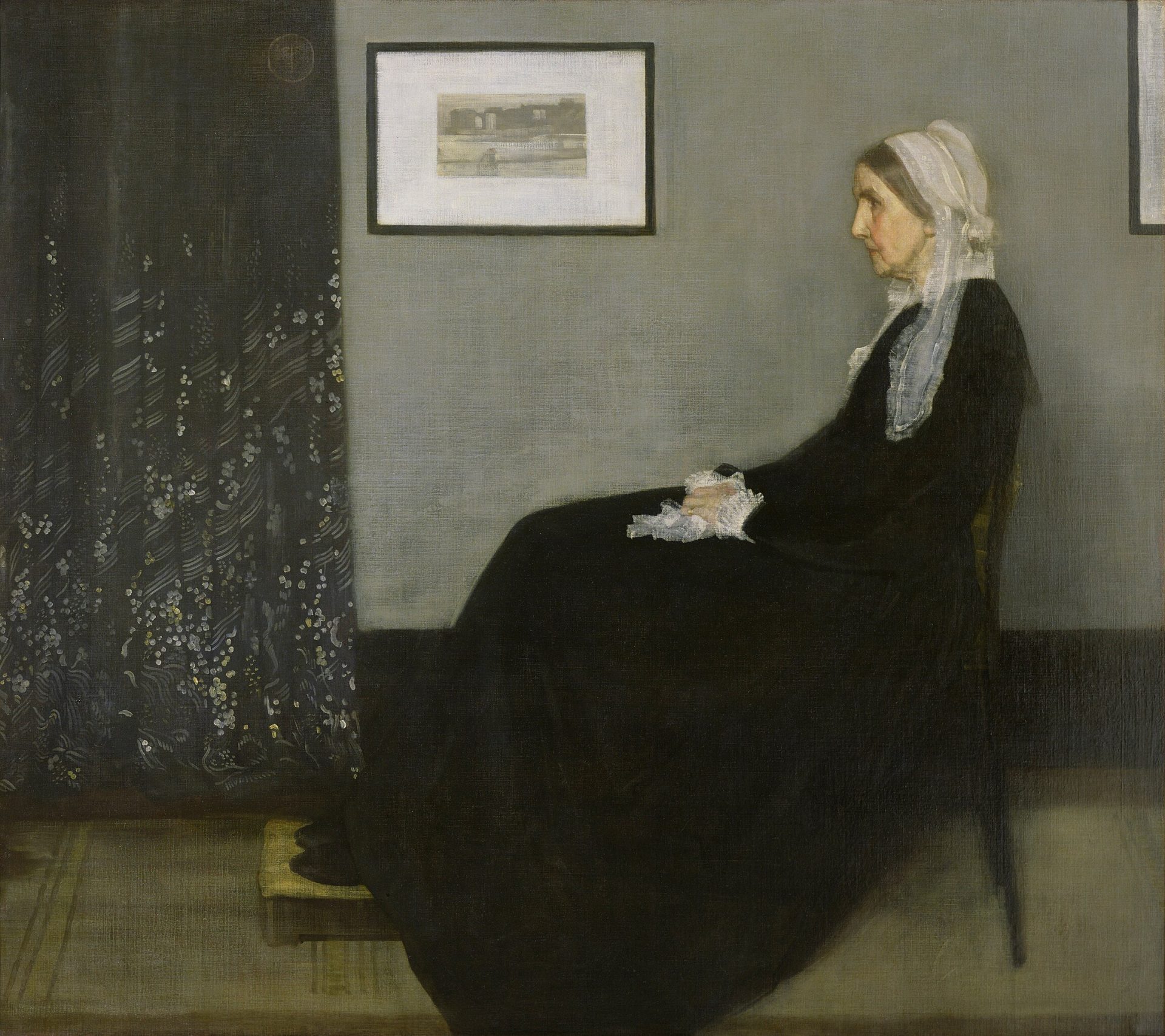 A painting of an older woman, seated with her hands folded in her lap. The figure, depicted as “Whistler's Mother”, gazes down, referencing deep contemplation. She is dressed in a long, dark dress with a bonnet, evoking a Victorian era aesthetic. The room is sparse, with a hanging picture of the Thames river in the backdrop, providing a nuanced contrast to the simplicity. The overall color scheme is dominated by muted, neutral tones.