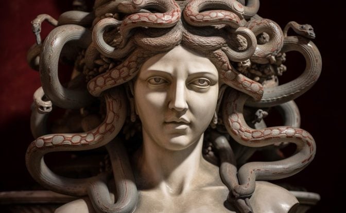 A stylized image of Medusa, a woman with snakes for hair