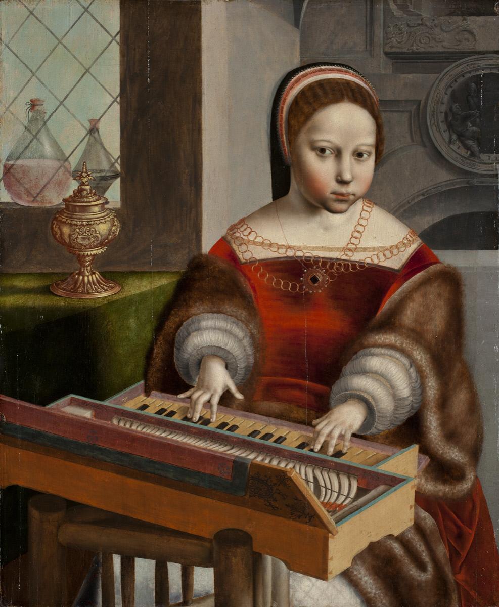 A painting of a woman dressed in a red dress with a fur coat, playing a clavichord.