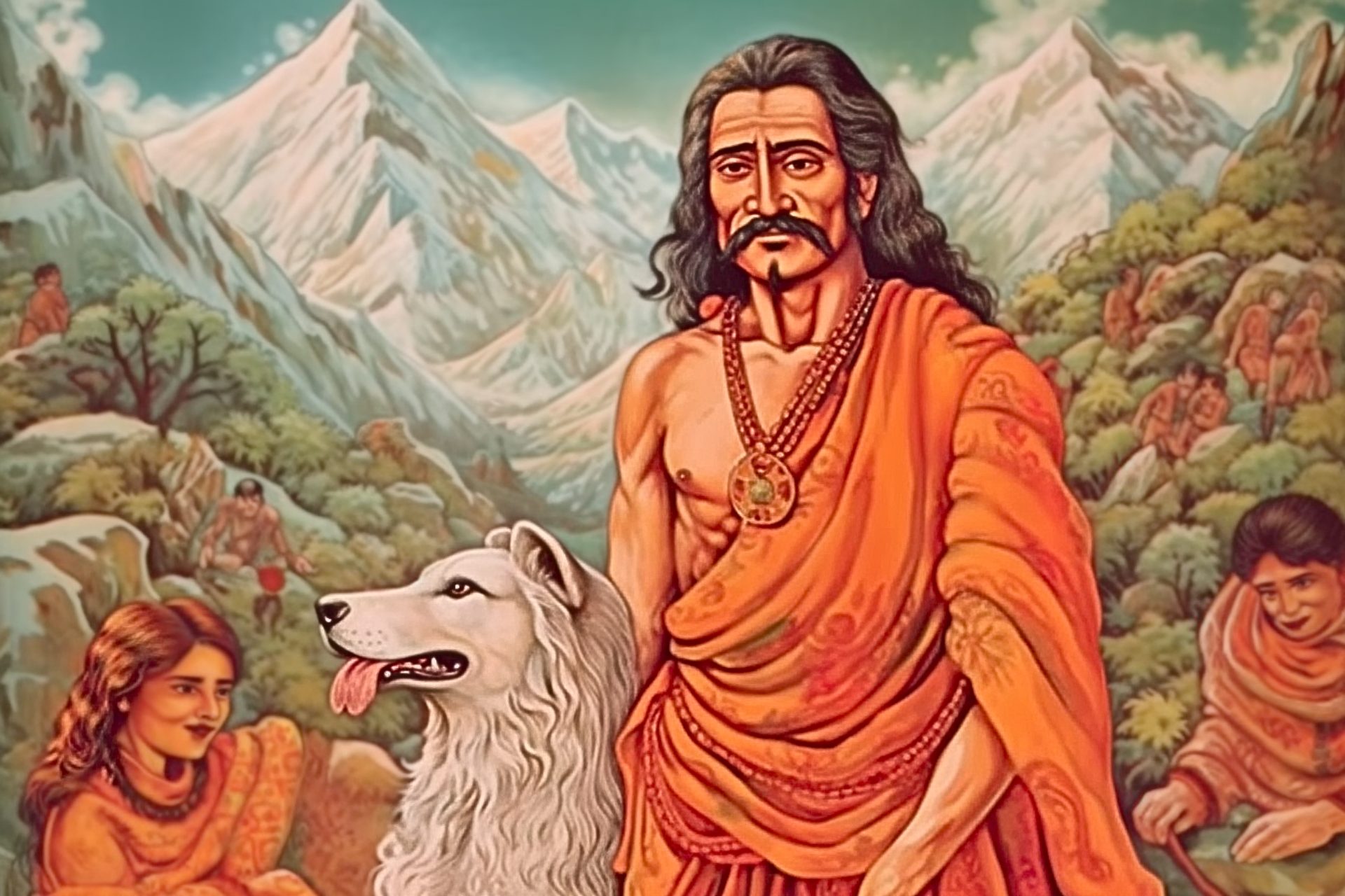 An illustration of Yudhisthira dressed in orange robes and his dog at his side walking in a valley.
