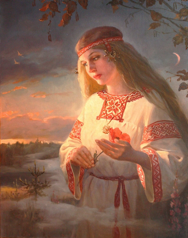 A painting of a woman with long blond hair with a worried look on her face, holding a red flower. She is standing in fog, under a tree at dusk.