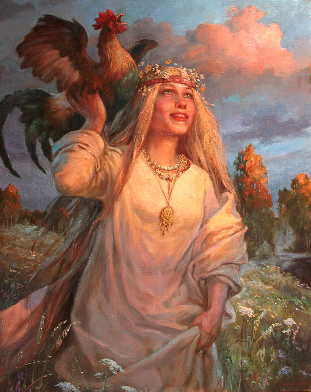 A painting of a young woman with long blond hair holding a rooster, walking towards the sunrise in a green field of flowers.