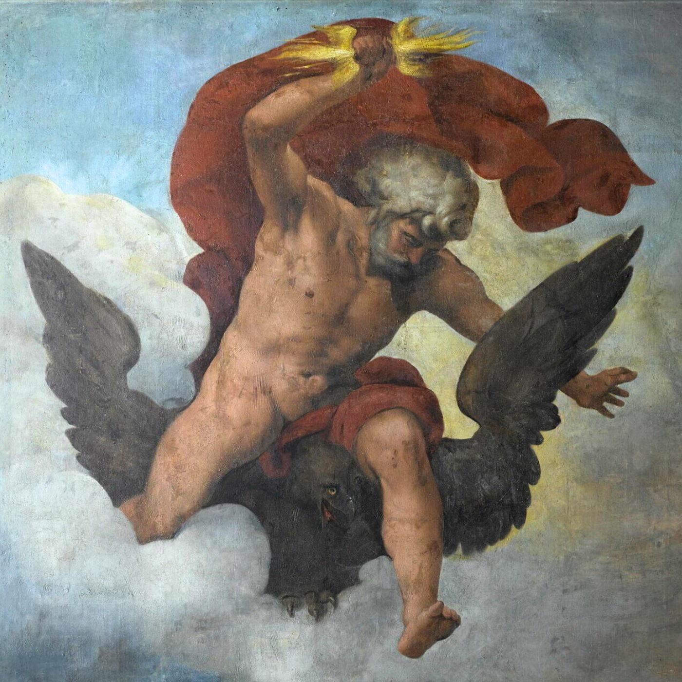 Painting of the greek god Zeus throwing a lightning bolt. He is naked, wrapped in a red sheet and riding an eagle.