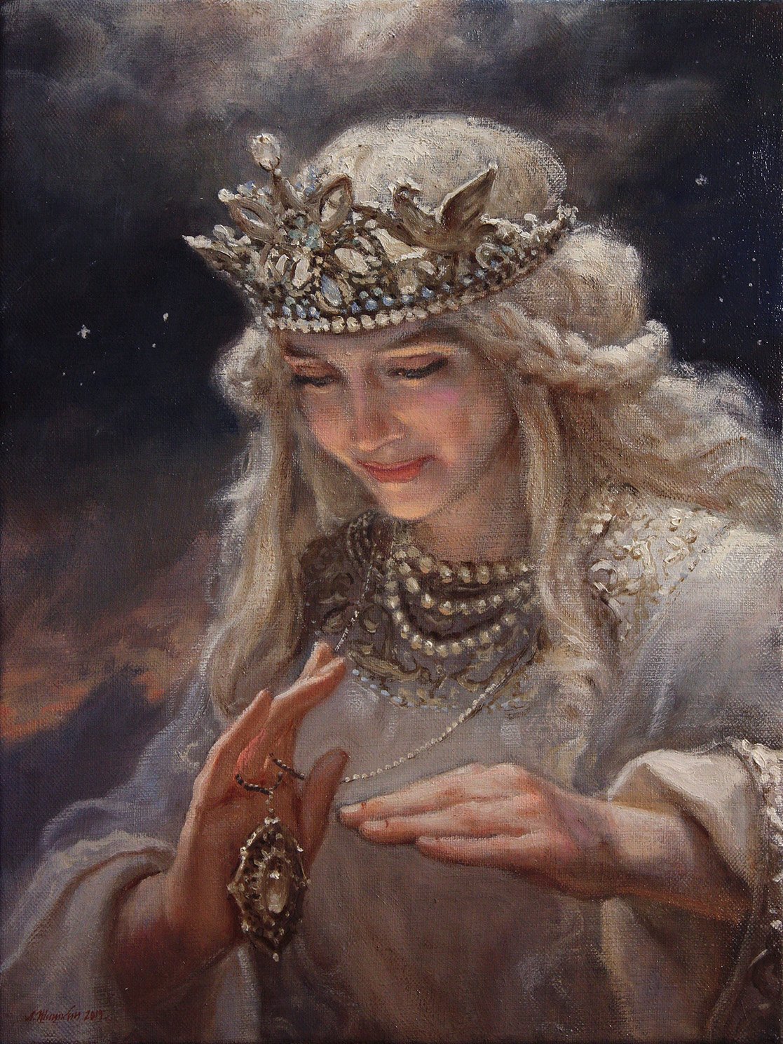 A painting of a blond, long-haired woman wearing an elaborate star-like crown and a white robe.