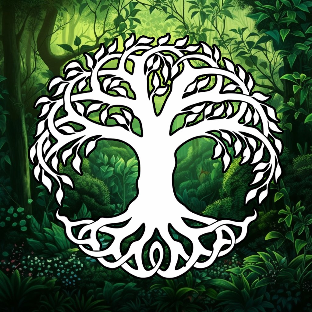 A black and white image of a Celtic tree of life, also known as Crann Bethadh in Irish. The tree has a thick trunk and branches that form a circular shape. The branches and roots are connected by interwoven knots. The illustration is on a green background that depicts a realistic and lush forest with tall trees and dense foliage that create a sense of depth and mystery.