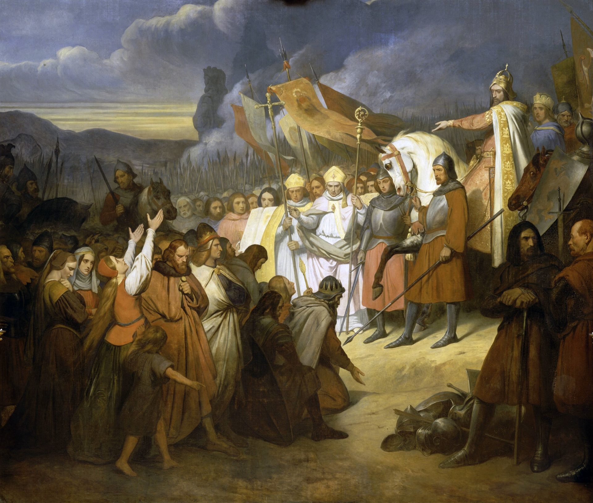 A historical painting depicting Charlemagne, the emperor of the Franks, receiving the submission of Widukind, the leader of the Saxons, at Paderborn in 785 CE. The painting shows a scene of a battlefield. Charlemagne is on a white horse, wearing a crown and a white cloak. Widukind is kneeling before him. Around them are other soldiers and nobles, some wearing armor and carrying weapons, some holding banners and shields. The painting has a dark and somber mood, with a cloudy sky and muted colors. The painting is by Ary Scheffer, a French-Dutch painter, and was made in 1835 CE. The painting is currently in the Palace of Versailles.
