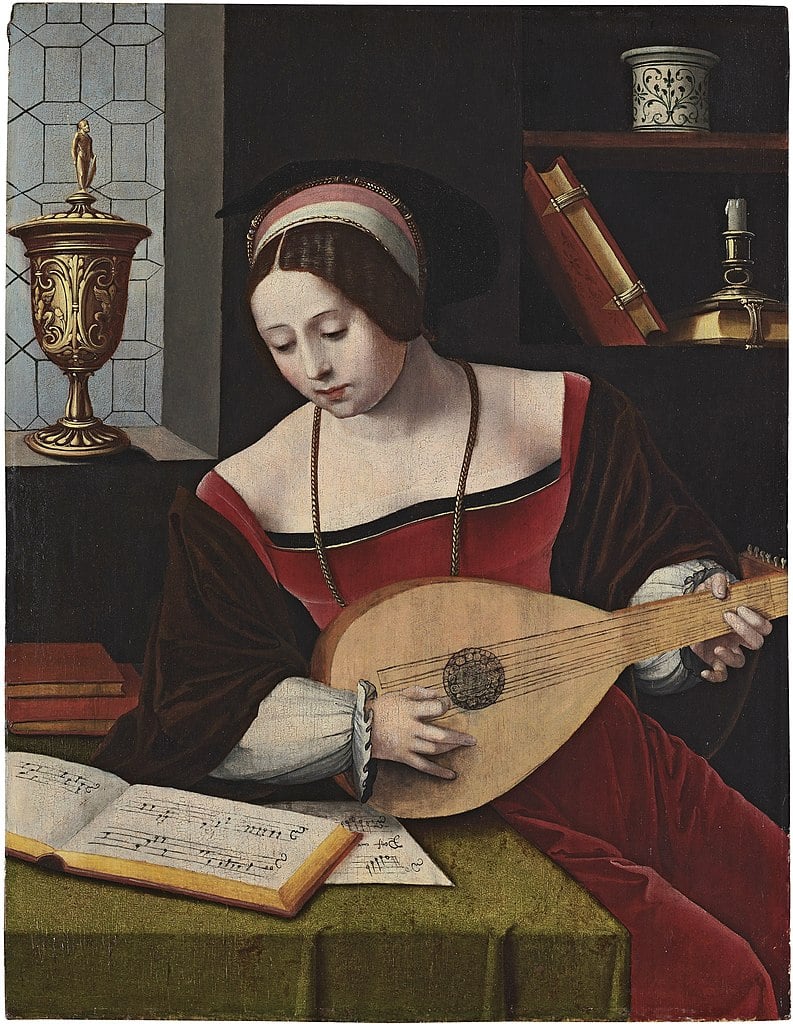 A painting of a female musician playing the lute and looking into a book of sheet music.