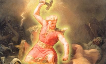 A painting of Thor swinging a hammer at giants.