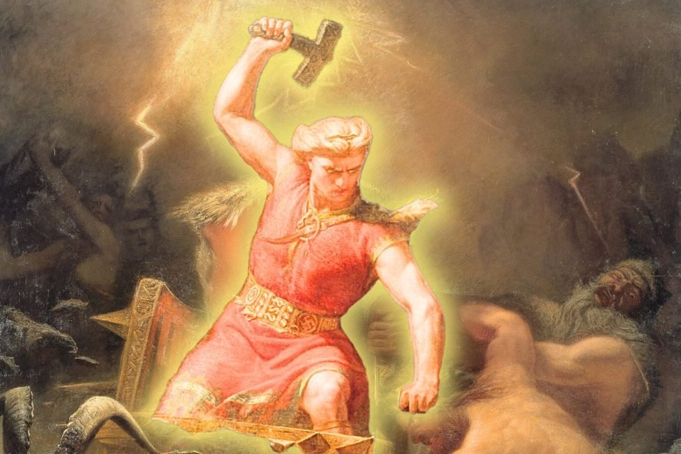 A painting of Thor swinging a hammer at giants.